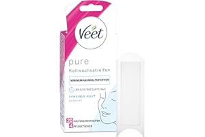 RECKITT Veet PURE Kaltwachsstreifen – Geeignet für sensible Haut – Anwendung für Gesicht – Bis zu 28 Tage glatte Haut - 10 Doppelstreifen = 20 Einzelstreifen