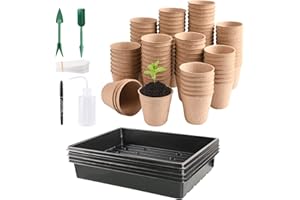 FUCNEN Godet Semis, Pot Semis Biodegradable Lot de 100 Petits Pots de Fleurs et Plateaux pour Semis en Fibre de Carton 6 cm Compostables avec étiquettes, 4 Plateaux de Graines sans Trous de Drainage