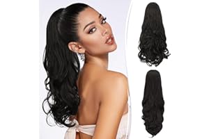 RUWISS Doble Uso Clip en Extensión Cola de Caballo Largo Ondulado Rizado Coleta Postiza Natural Sintética Ponytail Postizos con Pinza de Aspecto Natural para Mujeres Uso Diario 46cm,Negro Apagado