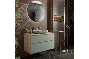 B BAÑO TOTAL Mueble de Baño Suspendido con Tapa y Lavabo de Sobreponer Sahara | Mueble Baño Volado de 2 cajones con Uñero Cierre Amortiguado Organizador y Lavabo sobre Encimera | Roble Natural - Leaf 80cm