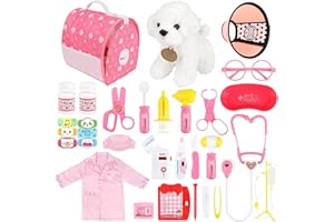Sanlebi Doctors Set for Kids - Children Pet Vet Care Play Set with Doctor Costume, Plush Dog, Pretend Role Play Medical Kit Toys Gifts for 3 4 5 6 Year Old Girls(Pink)