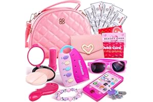 PEERTOYS Pretend Play Makeup Set for Girls - Little Girls Purse Cute Fake Cosmetics Toy with Pink Bag Cell Phone Wallet Money Credit Card Accessories Birthday & Christmas Gifts for Girls Kids Ages 3,4,5,6,7,8