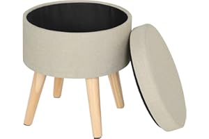 WOLTU Taburete Redondo, Baul Puff de Almacenamiento, Taburete de Almacenamiento, Puff Tapa Extraíble para Salon y Dormitorio, Lino/Terciopelo, Patas Madera Maciza, (Crema, Lino)