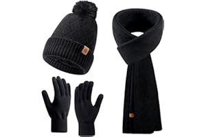 Enwokran Womens Winter Beanie Scarf Gloves Set, Pom Pom Hat with Warm Fleece Lined Long Knit Scarf Touchscreen Gloves 3 in 1 Set