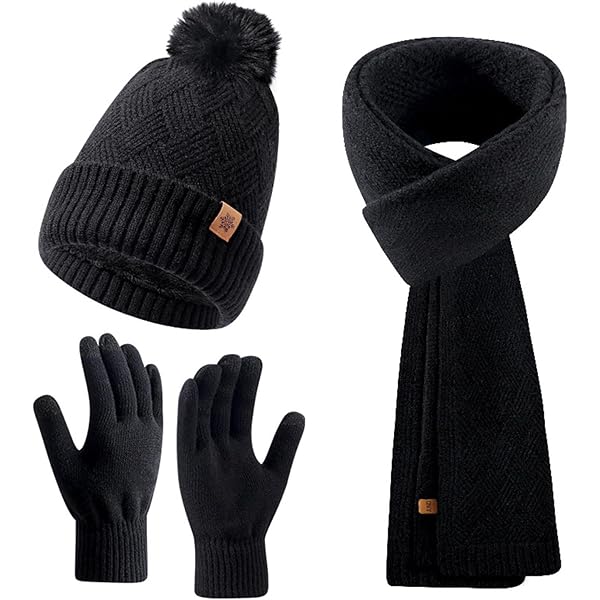 LOROME Ensemble Bonnet D'hiver Pour Femme - Bonnet écharpe - Gants En Polaire - Tricot - Pompon - Chaud - Pour écran Tactile - Cadeau D'hiver, Bleu Clair, 5 1/8-7 7/8