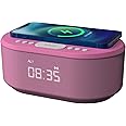 i-box Bedside Alarm Clock Radio Non Ticking with USB Charger, Bluetooth Speaker, QI Wireless Charging & Dimmable LED Display - Mains Powered (Pink)