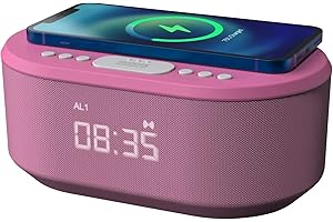 i-box Bedside Alarm Clock Radio Non Ticking with USB Charger, Bluetooth Speaker, QI Wireless Charging & Dimmable LED Display - Mains Powered (Pink)