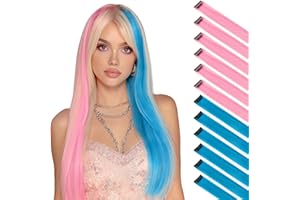 FESHFEN Extensión de cabello de color, Rosa & Azul Party Highlight Extensiones de Cabello Liso Colorido Clip en Disfraces Pieza para el Cabello para Mujeres, 50 cm