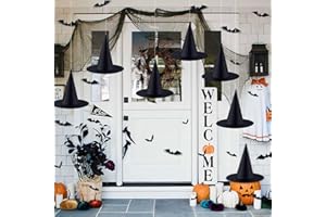 DTYDECLE 6pack Black Hanging Witch Hat, Halloween Witch Cap Hanging Costume Accessories with 3D Bat Wall Decor for Halloween Indoor Outdoor Party Decorations