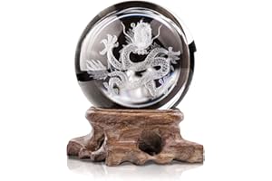 HDCRYSTALGIFTS Sfera di cristallo 3D con drago intagliato interno, fermacarte, ornamento sfera per regalo di compleanno con base in legno (60 mm)