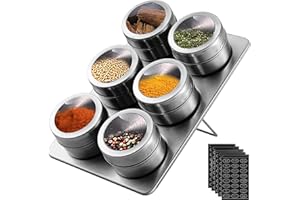HOMGEN 6PCS Tarros de Especias Magnéticos con Base de Acero Inoxidable 430 Tapa Giratoria Etiquetas de Identificación Tarros Transparentes de 100ml para sal Pimienta Negra Cocina Superficies Metálicas
