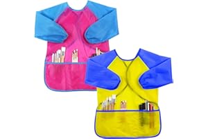 Lusofie Tablier Enfant 2 Pièces Kids Art Coveralls Tablier de Peinture Imperméable Tablier à Manches Longues pour Tout Petits Avec 3 Poches Filles Garçons Combinaisons pour Dessiner Bricoler Jouer