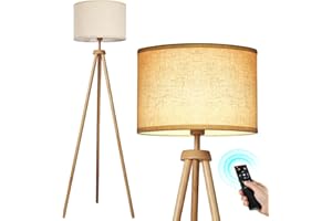 ‎OUTON OUTON LED Stehlampe Dimmbar Dreibein Holz mit Fernbedienung, 4 Farbtemperatur Einstellbar, 1H Timer, Stativ Standleuchte Stehleuchte mit Beige Lampenschirm für Wohnzimmer, Schlafzimmer, Büro, Eiche
