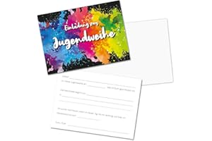 ‎YOUNIKAT younikat 15 Einladungskarten zur Jugendweihe mit bunten Farbflecken - DIN A6 2 Seiter Querformat - Regenbogen Farbkleckse - Set mit 15 Umschlägen - dv1185