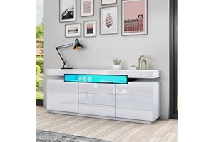 Senvoziii Weiß Sideboard Schrank Matt Body & Hochglanz TV Lowboard LED Beleuchtung Kommode mit 2 Türen 3 Schubladen 160cm für Wohnzimmer Esszimmer