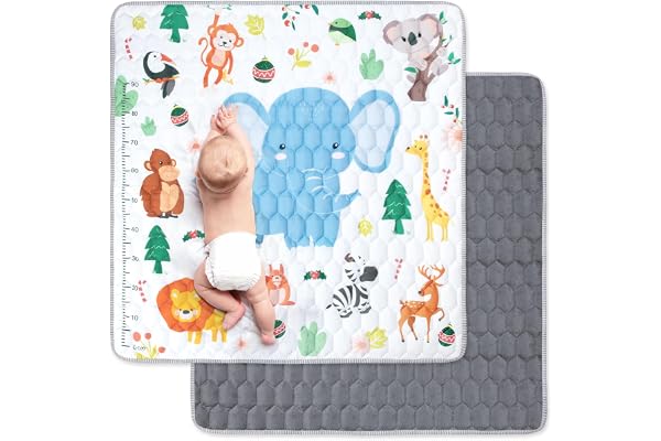 Funsland Tapis de Jeux Bebe, Antidérapant Tapis Rampant Bébé 127x127cm, Animaux Tapis de Motricité Bébé Pliable, Coton Tapis D'éveil Enfants Epais avec Règle, Applicable à Intérieur/Extérieur/Clôture