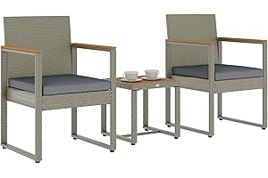 Outsunny 3-Piece Rattan Bistro Set, Patio Table and Chairs Set with Removable Cushions, Rattan Conversation Set with Acacia Wood Table & Adjustable Foot Pads for Garden Balcony, Grey