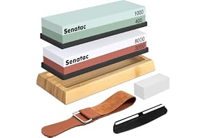 Senatac Professionell Slipsten - Manuell Knivslipare Slipstensset Dubbelsidig Korn 400/1000 3000/8000 Brynsten med Vinkelguide Halkfri Bambubas Läderremsa Poleringskombina Kiselhållare
