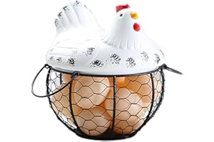 BEAHING Canasta de huevo para recolectar huevos frescos contiene 15 huevos, linda cesta de huevo de gallina con tapa y manejar la canasta de huevo multipropósito decorativo de hierro, cesta de huevo blanco,
