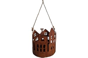 UNUS RM E-Commerce - Lanterna decorativa da appendere, con corda di iuta, effetto ruggine per giardino, terrazza, balcone e casa (grande)