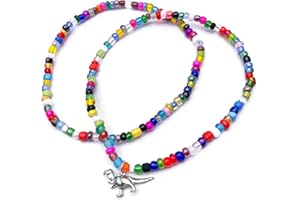 VILDA JEWELLERY Dinosaur Charm Anklet Set, Bright Summer Colour Mix Glass Seed Beads, 1 Plain and 1 with Silver Tone Charm : Size 10 inches, Beach Boho Jewellery for Dino Lover