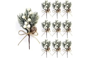 Feizeisun 10Pcs White Christmas Berries Stems, 7.8 inch Snow Covered Artificial Pine Picks and Sprays Xmas Berry Picks with Pine Cones for Christmas Tree Decorations, DIY Wreath Garland Gift Wrapping