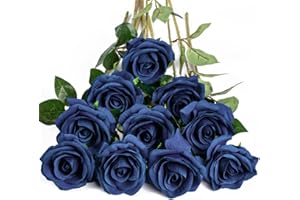 DuHouse 10Pcs Artificial Roses Fake Silk Flowers Realistic Bridal Bouquets with Single Long Plastic Stems for Arrangement Wedding Table Centerpiece Party Home Decor(Navy Blue)