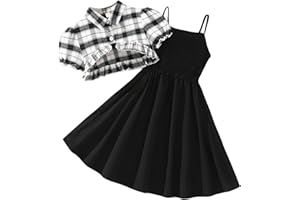 SoLu DAY8 Ensemble Ete Enfant Fille 7-12 ans Tailleur Chemise à Manches Courtes Et Robe sans Manche Ado Fille Chic et Elegant Habillée Fluide Large Pas Cher Confortable Casual Vacances