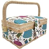 Large Wooden Sewing Box, Fabric Lined Sewing Box with 8 Compartments, Organizer with Pin, Storage Box with Handle and Tray, (