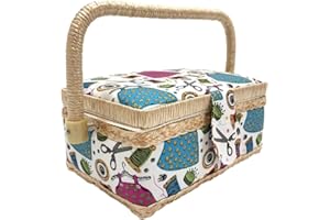 JYC CREATIVE Costurero de Madera, Caja de Costura Forrada en Tela con 8 Compartimentos, Organizador con Alfiletero, Caja de Almacenamiento con Asa y Bandeja, (Hilos, Pequeña)