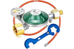 CAGO Gasregler 30 mbar mit 360°-Manometer | Gas Füllstandsanzeige | Propangas Druckminderer | Druckregler Camping Propan Butan | mit Gas-Schlauch 100cm | 2 in 1 Gasregler Schlüssel