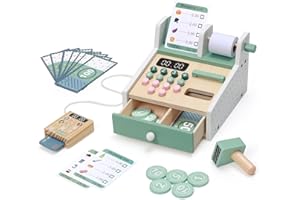 OSLINE Geschenk für 2 3 4 5 Jährige Mädchen Junge,Montessori Holz Spielzeug Kasse Kinderab 2-5 Jahr, inkl.Spielgeld Kartenlesegerät Kaufladen Zubehör,Geschenk Kind Geburtstag