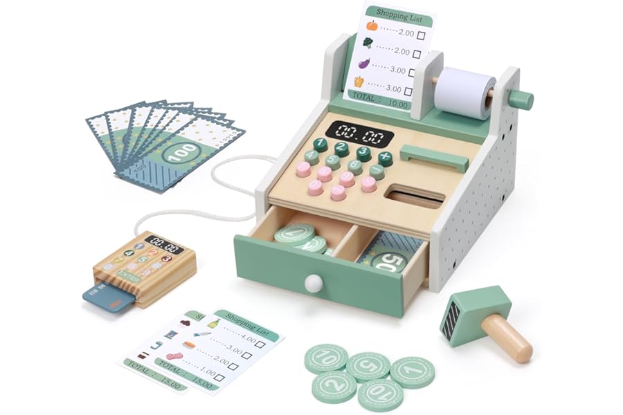 OSLINE Gifts For 2 3 4 Year Old Girls Boys,Wooden Montessori Educational Learning Pretend Play Toys,Cash Register for Kids,Role Play Toys for 3-5 Year Old Birthday Gift