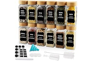 Foydream Quadrato Barattoli per Spezie, 12 Contenitori per Spezie Barattoli per Spezie da 120 ml con Coperchi in Bambù Barattoli per Spezie in Vetro con Setaccio Etichette Pennello Lmbuto