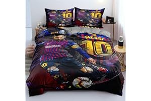 ENIXWH Gwiazda piłki nożnej, poszwa na kołdrę dla nastolatków, pościel 3D, FCB, Messi, zestaw 1 z zamkiem błyskawicznym i 2 poszewki na poduszkę dla chłopców i dziewczynek (A, 140 x 200 cm)
