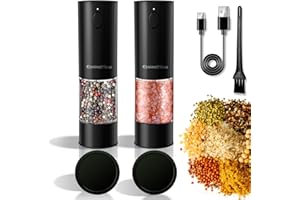 Etnirothbw Electric Salt and Pepper Grinder Set, 2 Pack Automatic One-Handed Operation Pepper Mills Rechargeable, Auto Pepper Shakers with Dust Caps, 5 Adjustable Coarsenesses, LED Light, USB Charging