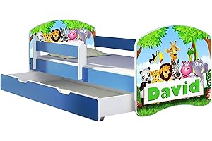 ACMA Letto per Bambino Cameretta per Bambino con Materasso Cassetto II BLU (01 Il nome Zoo, 140x70 + Cassetto)