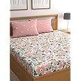 LOOMLYFE 300 TC Cotton Feel Glace Cotton Elastic Fitted Printed Super King Size Bedsheet with 2 Pillow Covers Fits Upto 12 inches Mattress,Size- 72X78 Inches, PinkFlower