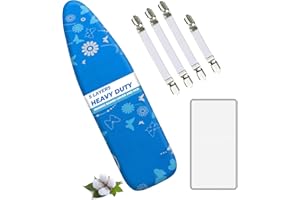 EcoNour Ironing Board Covers 124 x 38 cm Extra Thick 7mm Padding, 100% Cotton Top Covers Easy-Fit for Protecting Ironing Board Cover Complete Set with 4 Strings - Large