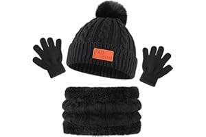 Bekecidi Hat Scarf and Gloves Set for Kids, 3 in 1 Winter Knitted Beanie Hat Scarf Gloves Set, Toddler Thermal Knit Pom Pom Bobble Hats Neck Warmer Gifts for Girls Boys Children Age 1-5