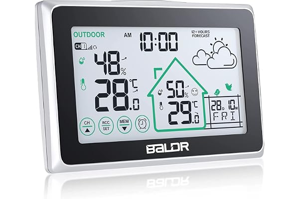 BALDR Station Meteo Sans Fil Avec Capteur Extérieur, Horloge Umérique DCF Thermomètre Intérieur Avec Prévisions Météo, à Piles