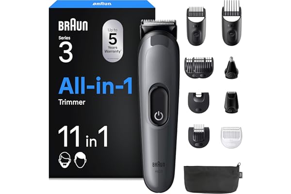 Braun Kit de Rasage Tout-en-un Series 3, 11-en-1, lame ultra-affûtée, 14 longueurs, coupe précise pour visage et cheveux, autonomie de 50 min, style facile et rapide, AIO3565, gris