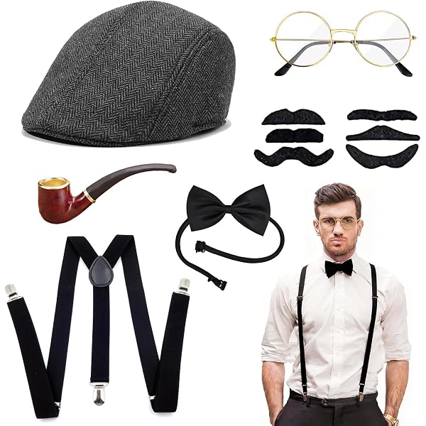 JORAKI Années 1920 Hommes Déguisements Accessoires Flapper Gangster Ensemble Great Gatsby Costume Kit Année 20 avec Chapeau Trilby Moustache Élastique Bretelles Homme Montre de Poche (Navy), 10inch