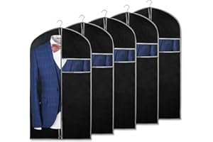 Syeeiex Suit Bags for Men Set of 5, Suit Carrier for Men for Travel, Clothes Cover Protector Bags with Transparent Window, Non-Woven Garment Bags Dustproof Clothes Suit Covers - Black