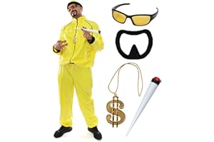 I LOVE FANCY DRESS 90s Rapper Costume - Adults Yellow & Black Shell Suit + Matching Hat + Sunglasses + Dollar Chain + Jumbo Spliff + Black Goatee - Funny Rapper Halloween Stag Do Fancy Dress Costume