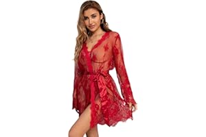 ohmydear Women's Lace Robes Plus Size Sexy Nightwear Mesh Babydoll Lingerie Set Ladies Kimono Dressing Gowns Lightweight Nightdress with Satin Belt, Thong