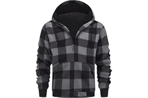 geeksport Veste Polaire Homme à Capuche Sweats Flanelle à Carreaux Zippé Veste Chemise Chaude Doublé Sweat-Shirt avec Poches pour d'automne d'hiver