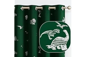 Vangao Kinder-Vorhänge, grün, verdunkelnd, Dinosaurier-Vorhänge für Jungen, Kinderzimmer, Mädchenzimmer, silberfarbener Dino-Foliendruck, wärmeisoliert, Ösen, Fensterbehandlungen, 160 cm Länge, 2