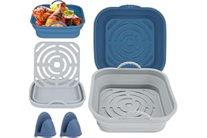 TECHSHARE Silikon Backpapier Für Heißluftfritteuse, 2Pcs 8.3Inch Airfryer Zubehör, Silikonform Heißluftfritteuse Reusable, mit zwei Ofenhandschuhen（Bule and Gray）
