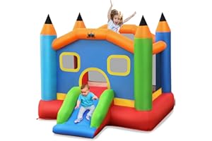 COSTWAY Castello Gonfiabile Per Bambini, Con Scivolo, Per 2 Bambini 3-10 anni, Con Borsa di Trasporto e Kit di Riparazione, Regalo Perfetto per Bambini